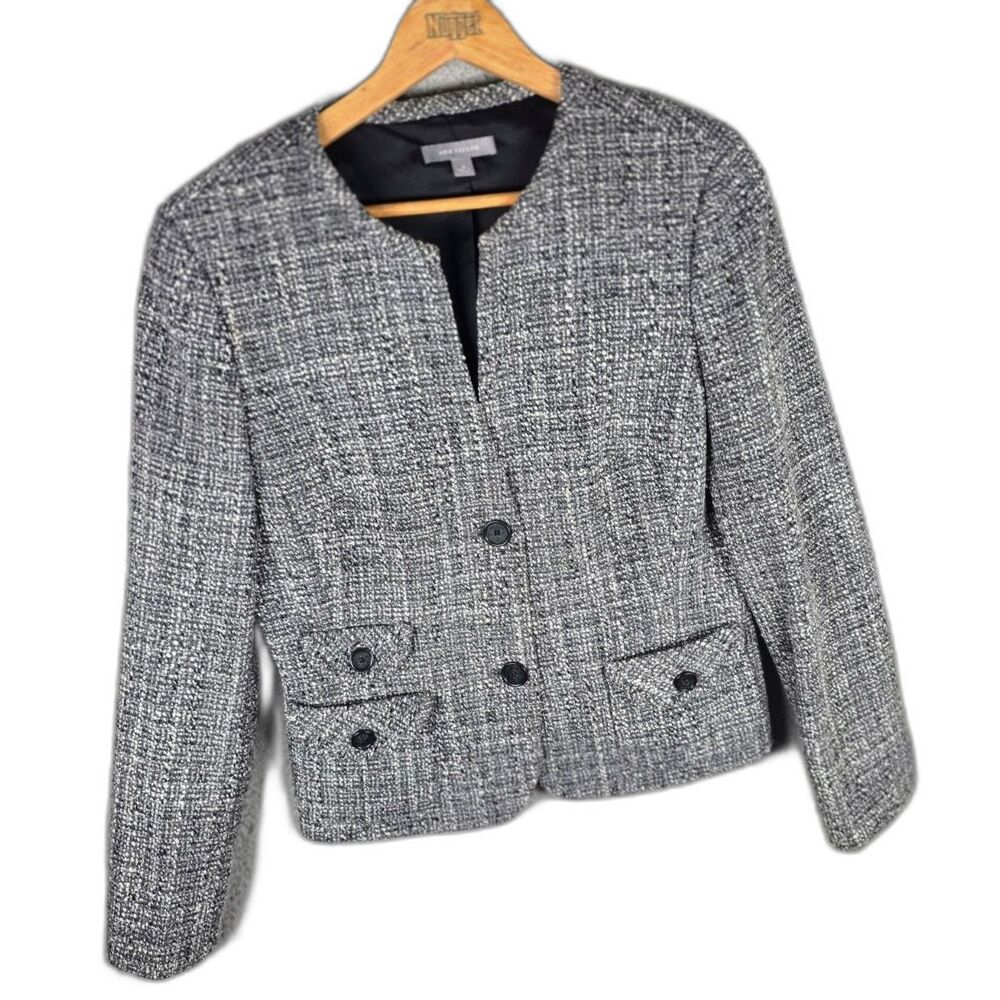 Ann Taylor Blazer Black White 12 Wool Blend Tweed Collarless Cropped Preppy